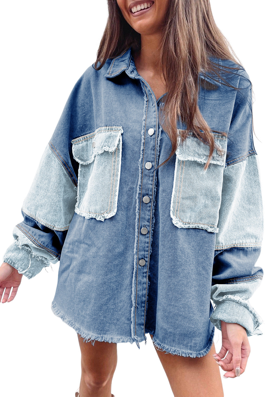 Patchwork Raw Hem Oversized Denim Shacket