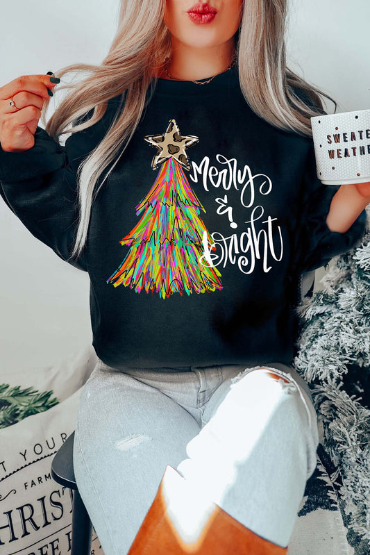 Black Merry Bright Christmas Tree Graphic Sweatshirt