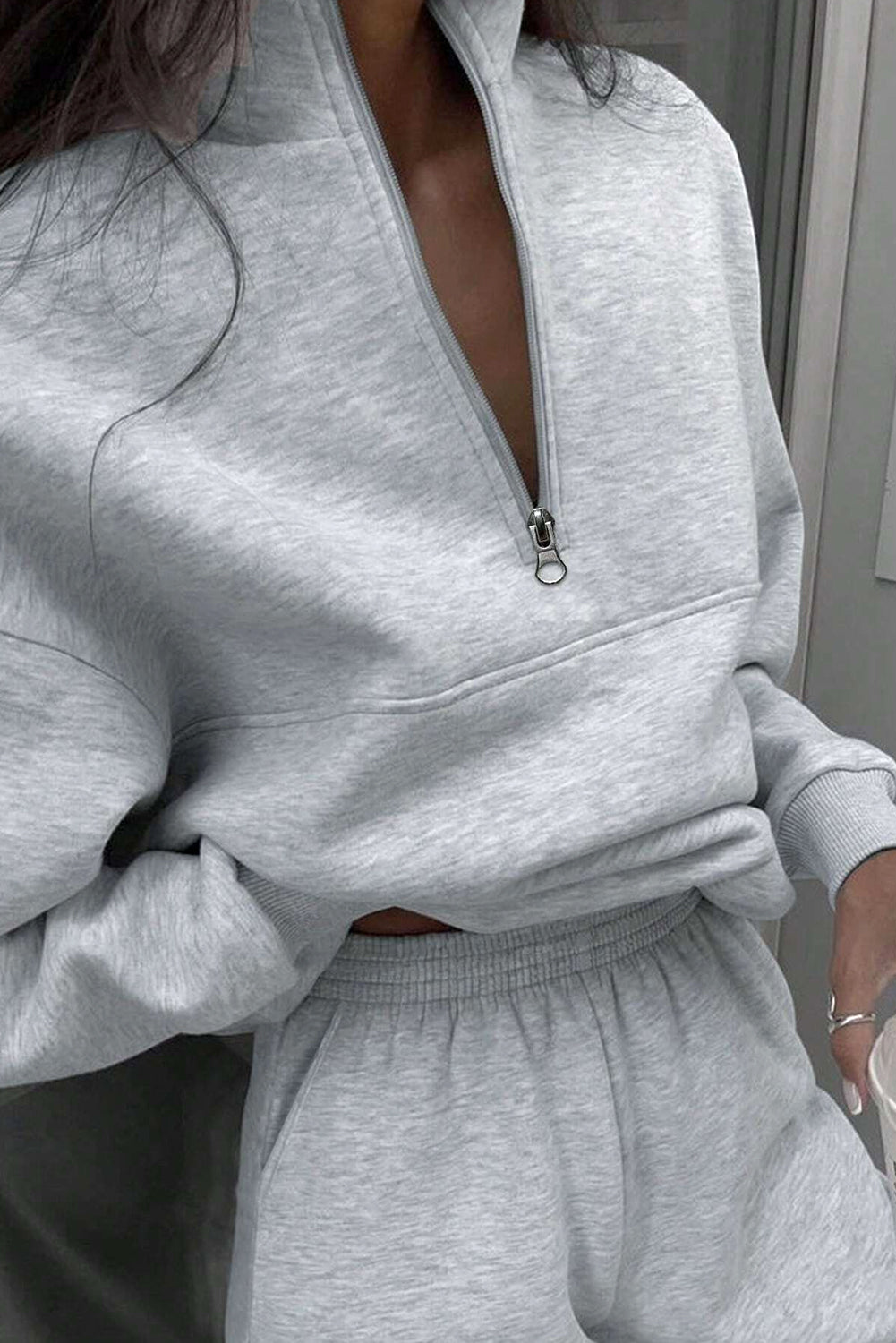 Light Grey Zipper Lapel Collar Casual Long Sleeve Top and Pants Set