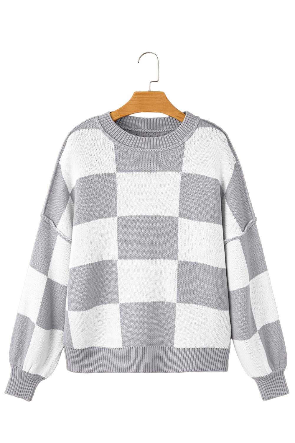 Checkered Bishop Sleeve Pullover Sweater