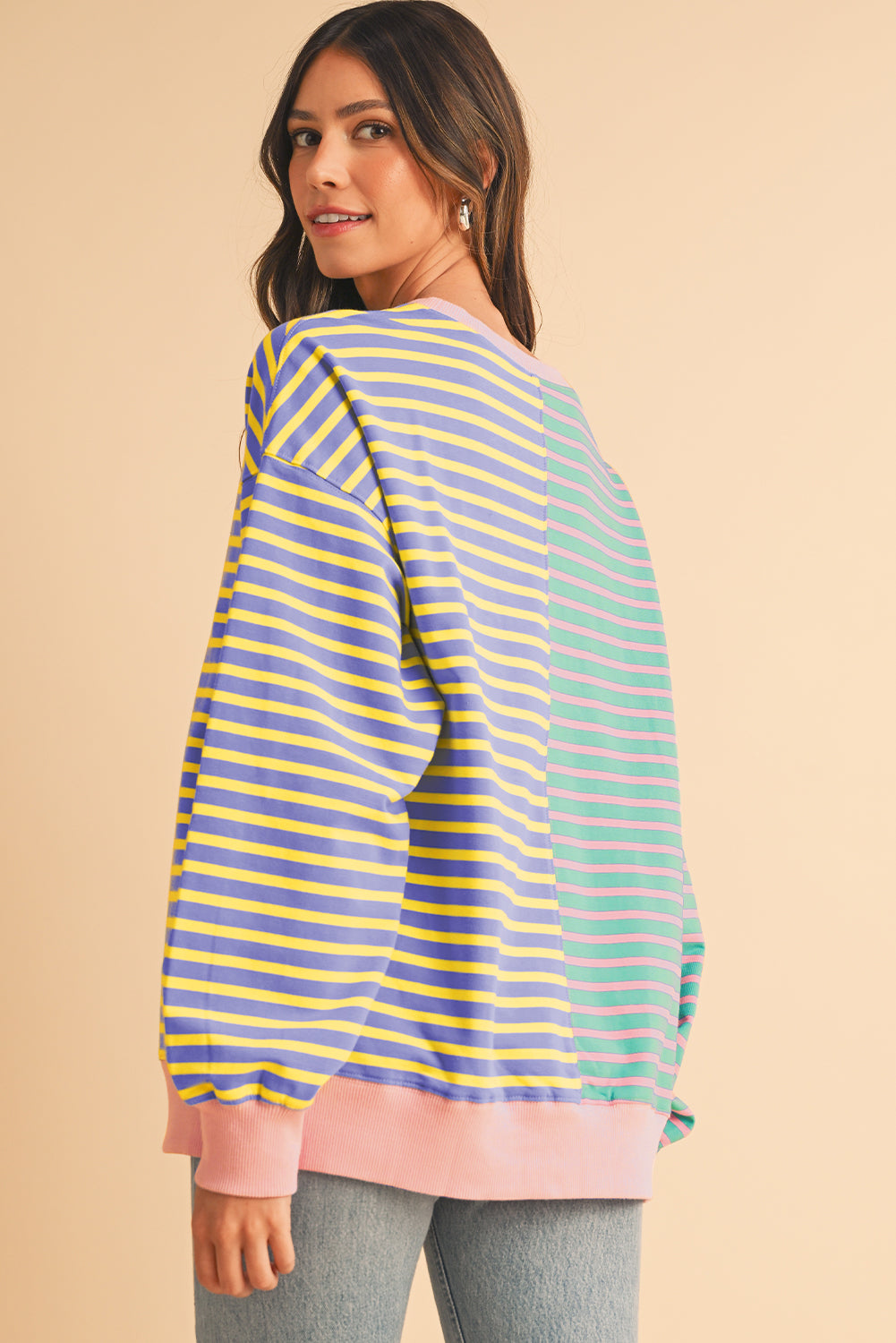 Stripe Colorblock Drop Shoulder Oversized Sweatshirt