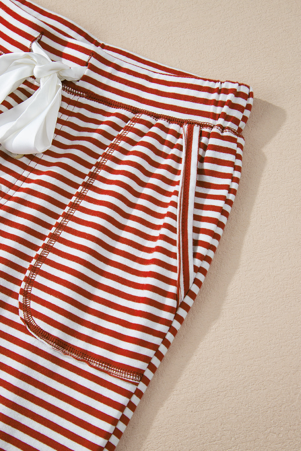 Striped Buttoned V Neck Top and Knotted Waist Pants Pajama Set