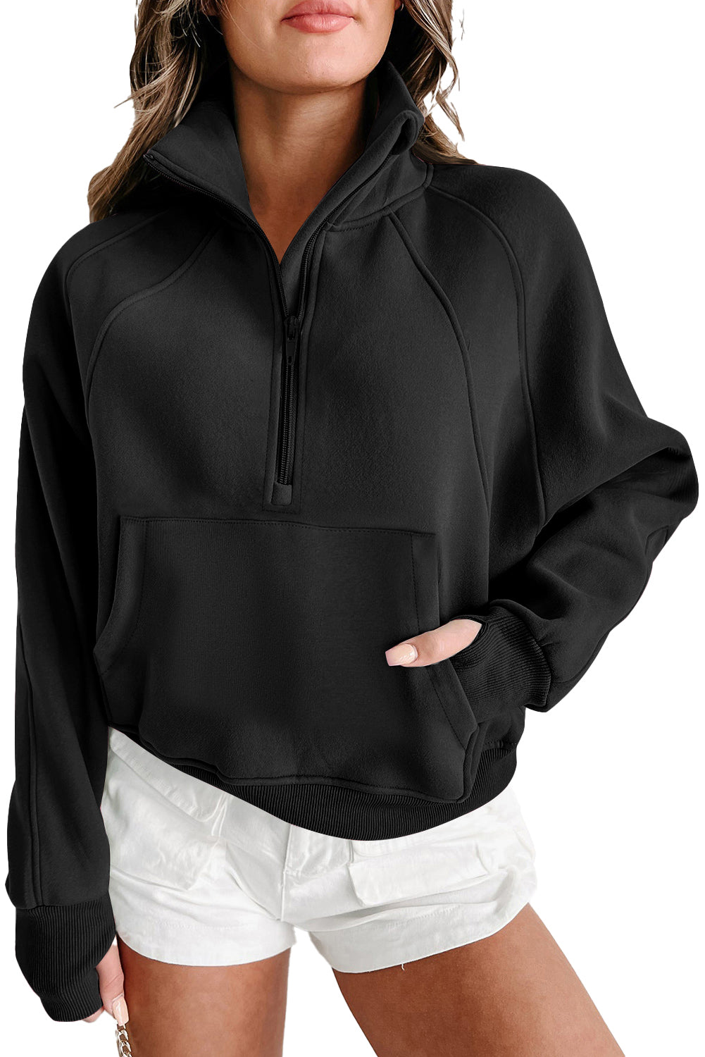 Zip Up Stand Collar Thumbhole Sleeve Sweatshirt