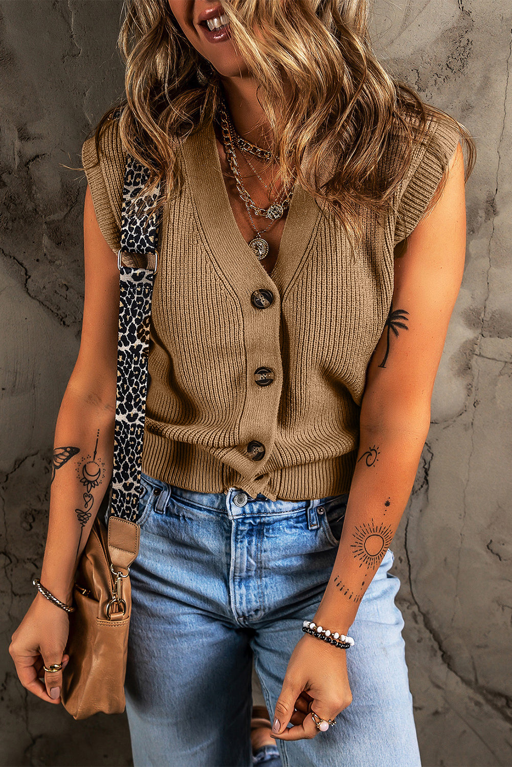 Parchment V Neck Button Up Sweater Vest