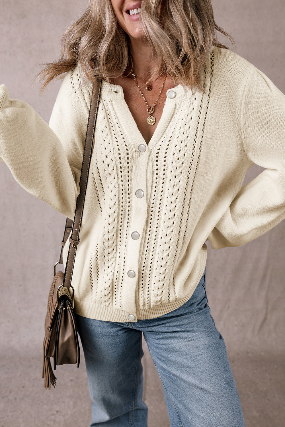 Apricot Pleated Sleeve Hollow Detail Button Knit Cardigan