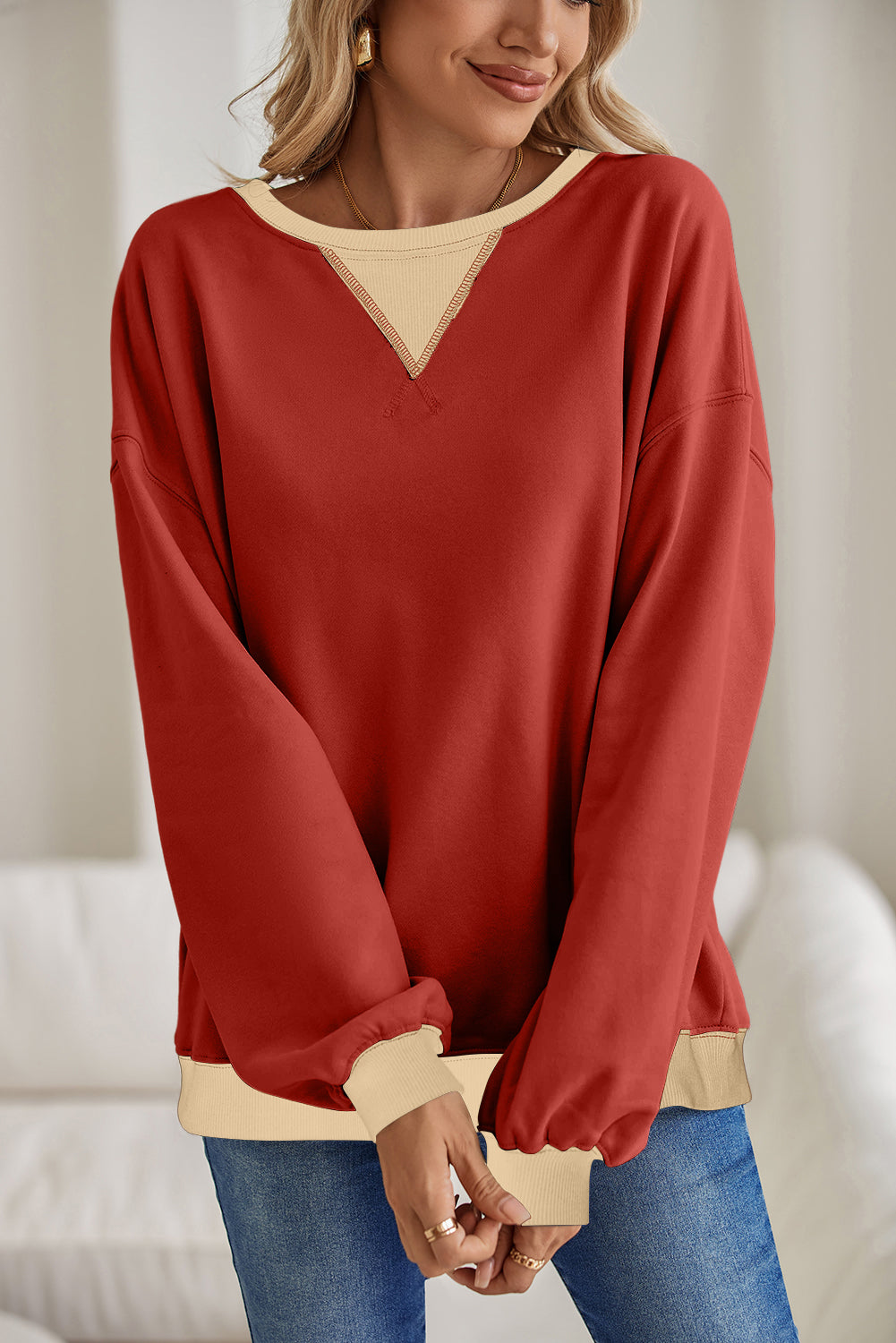 Red Clay Color Block Drop Shoulder Crewneck Oversized Sweatshirt