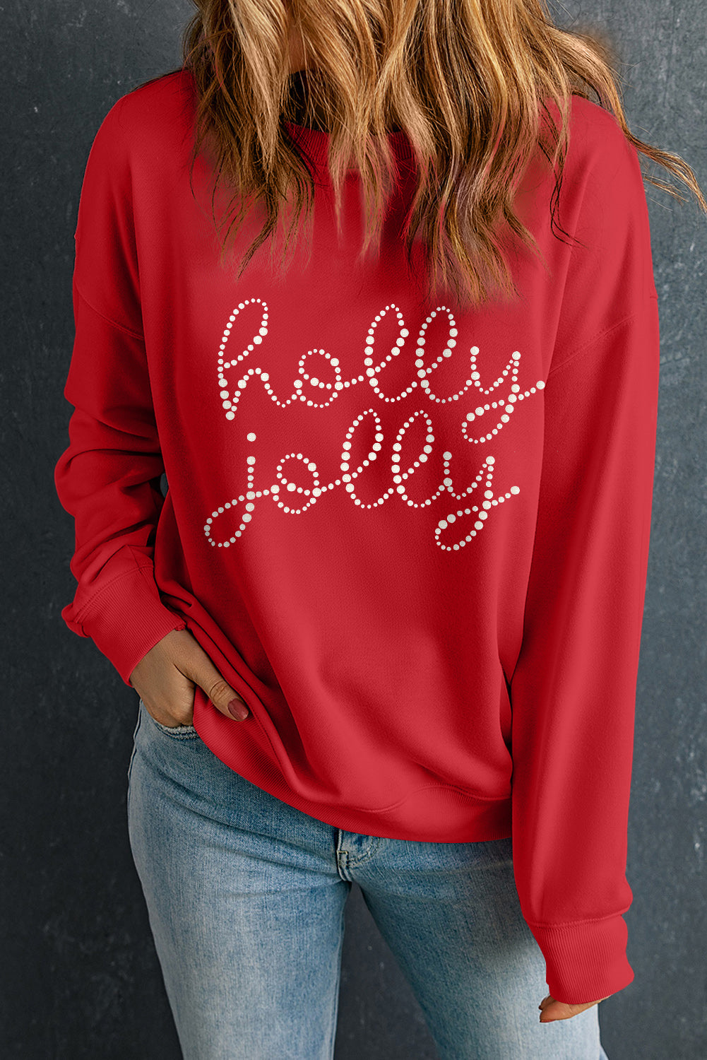 Red Rhinestone Christmas holly jolly Crewneck Sweatshirt