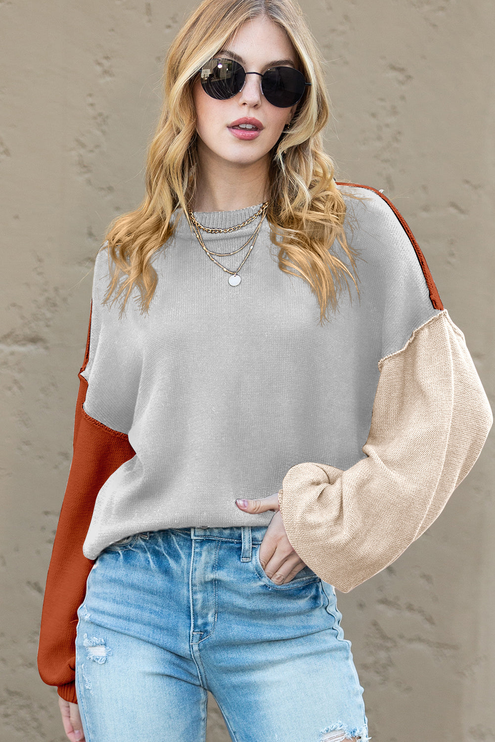 Gray Colorblock Bishop Sleeve Exposed Seam Ribbed Sweater