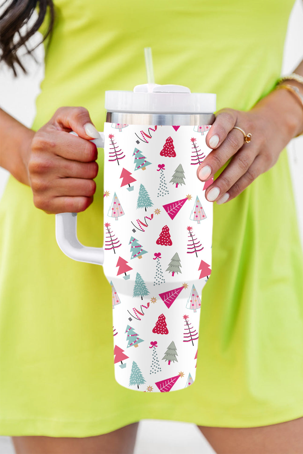 White Cartoon Christmas Tree Printed Thermos Cup