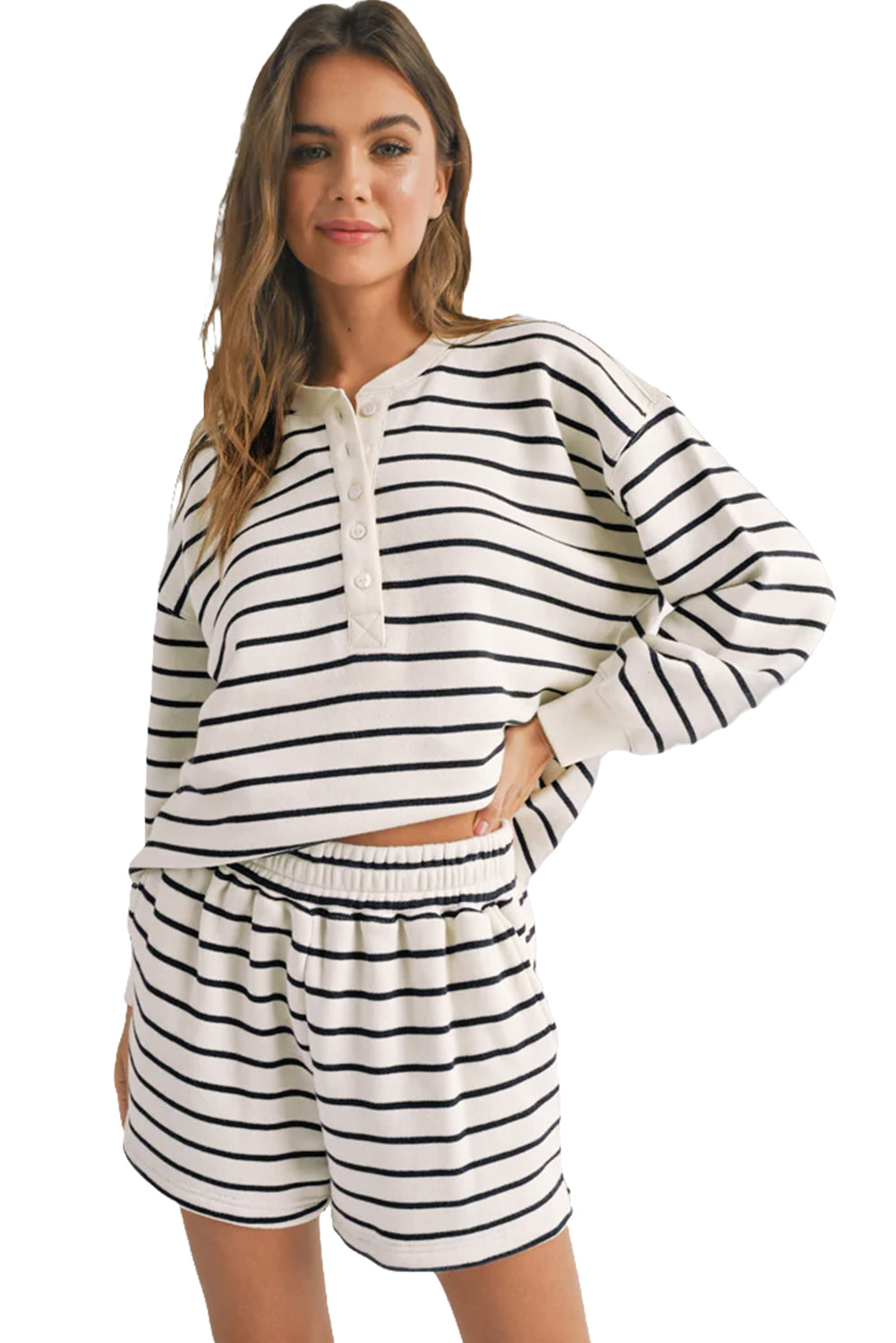 Striped Henley Pullover and Shorts Set