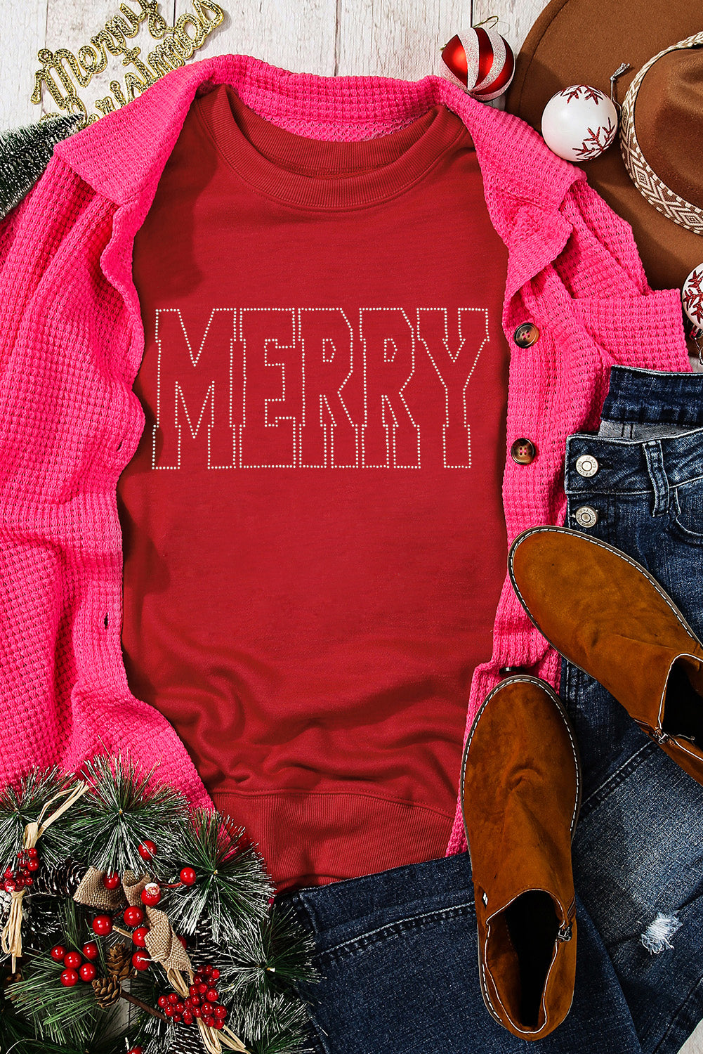 Red MERRY Letter Graphic Christmas Sweatshirt