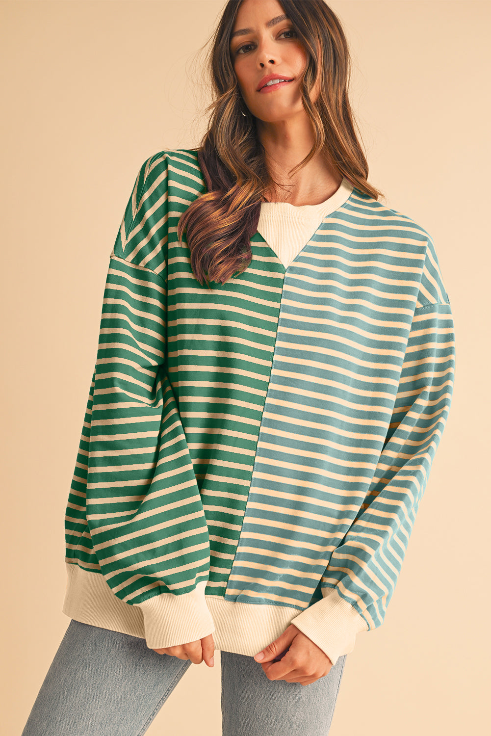 Stripe Colorblock Drop Shoulder Oversized Sweatshirt