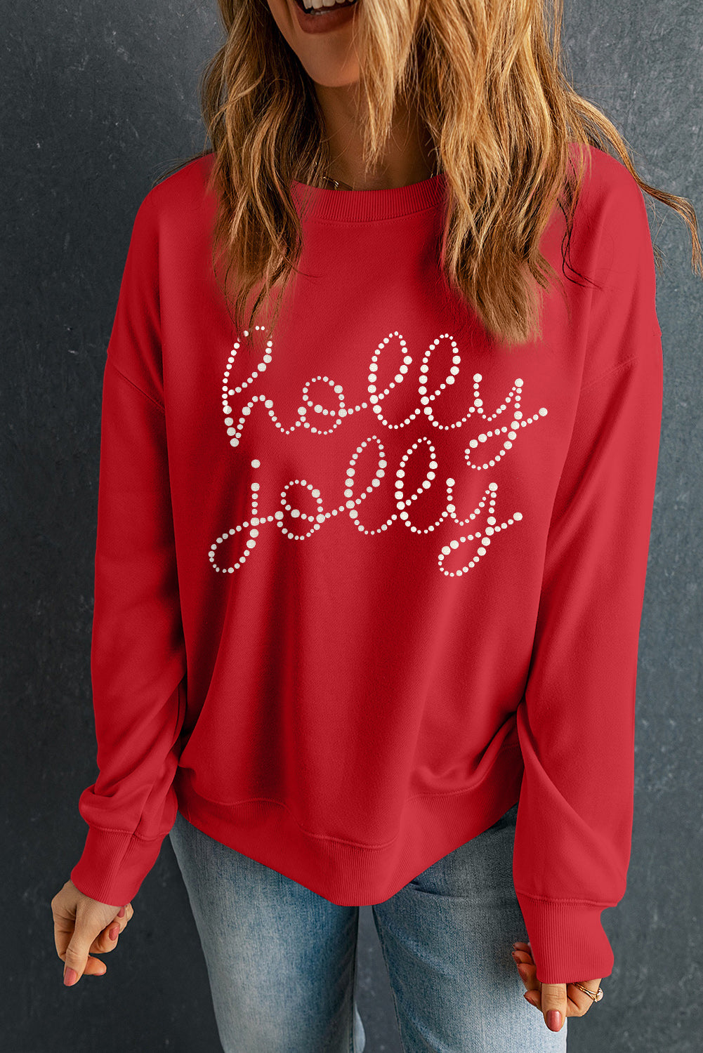 Red Rhinestone Christmas holly jolly Crewneck Sweatshirt