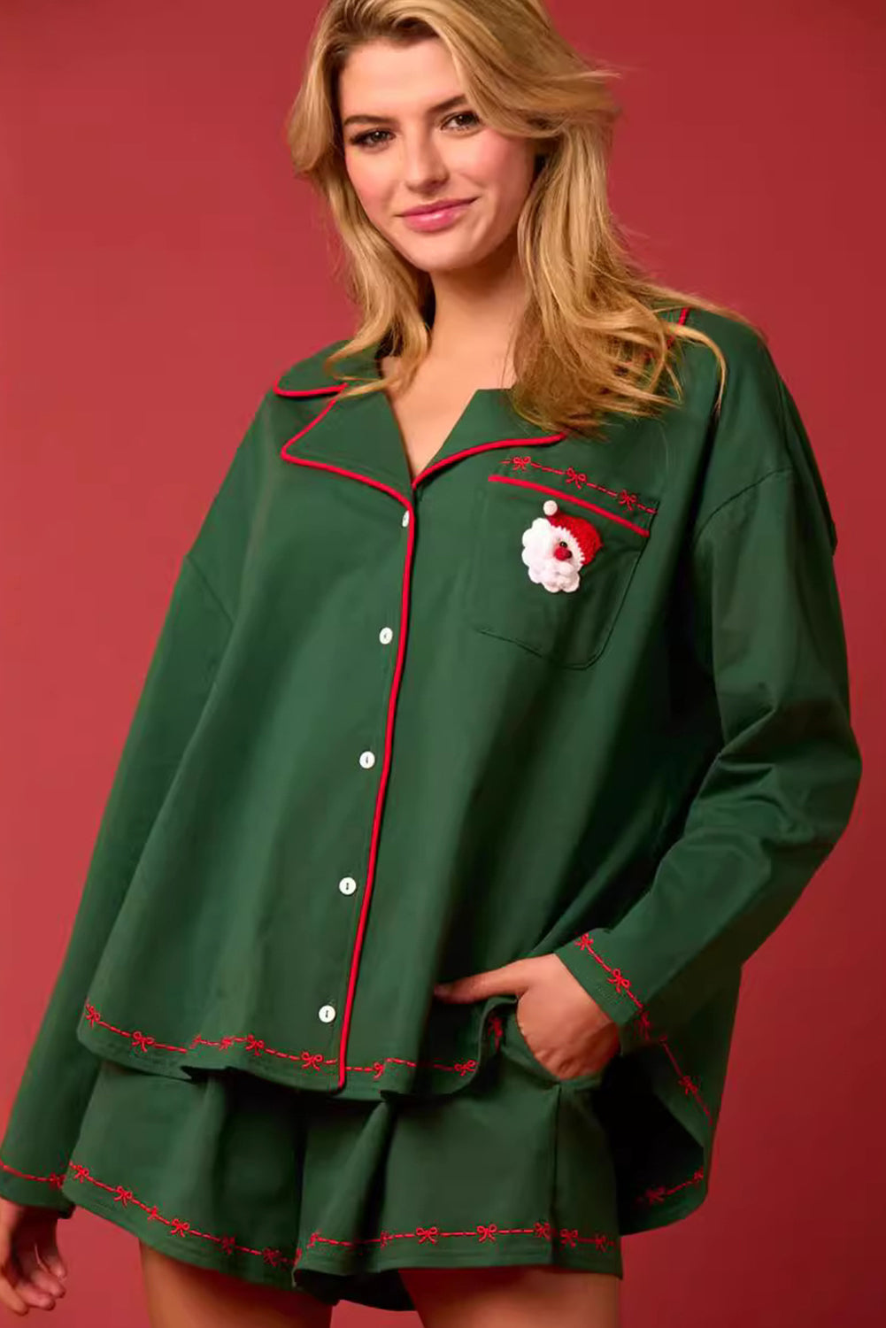 Green Santa Long Sleeve Shirt Shorts Christmas Pajama Set