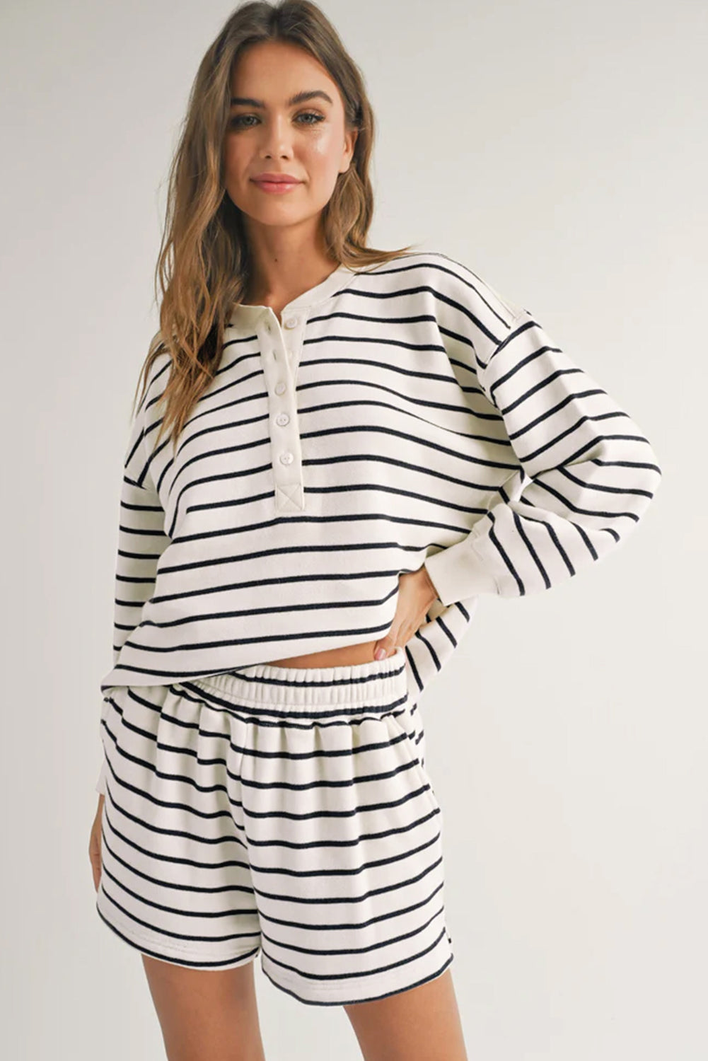 Striped Henley Pullover and Shorts Set