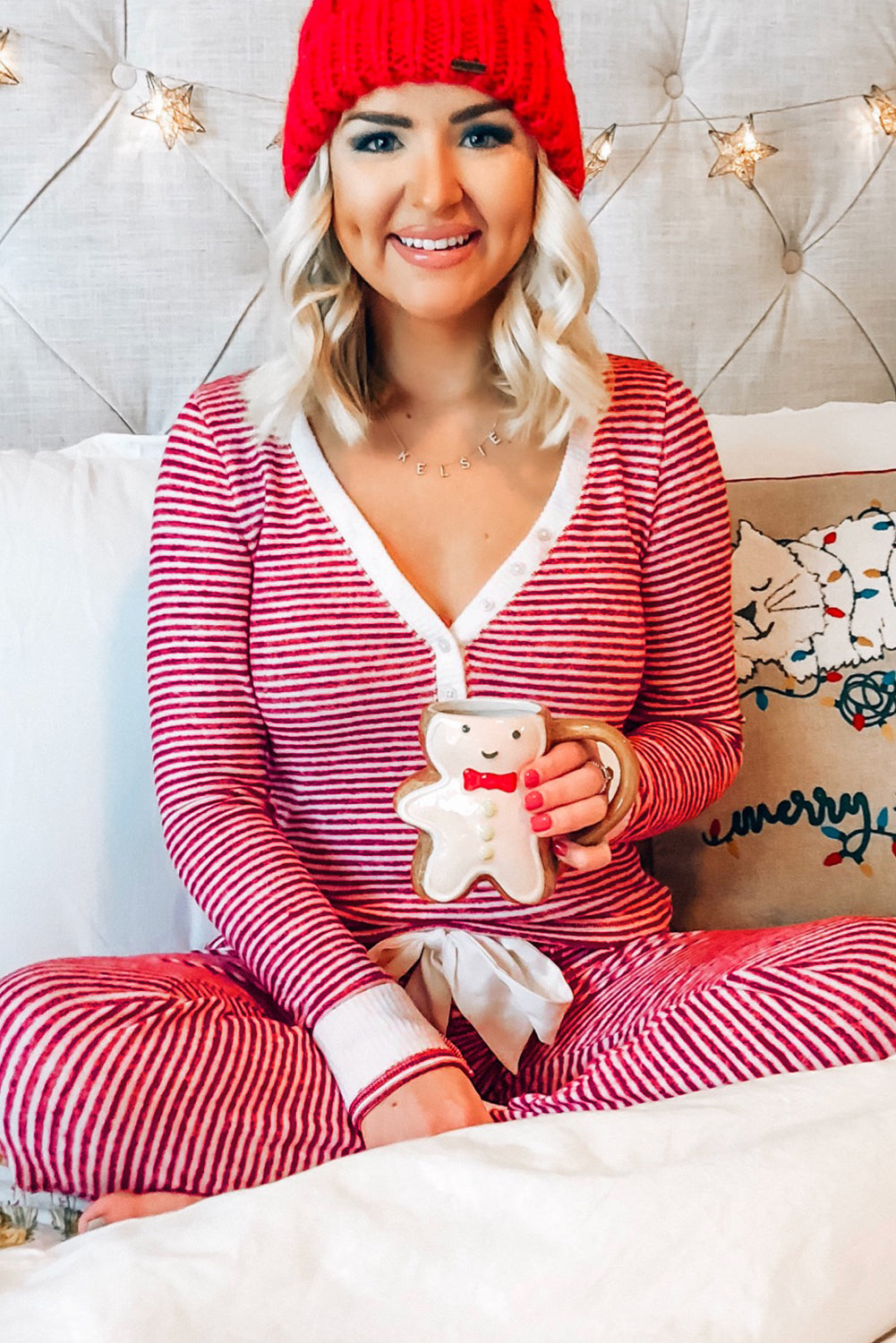 Striped Buttoned V Neck Top and Knotted Waist Pants Pajama Set