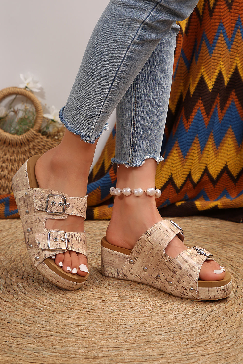 Pale Khaki Retro Buckle Studded Platform Slides Shoes