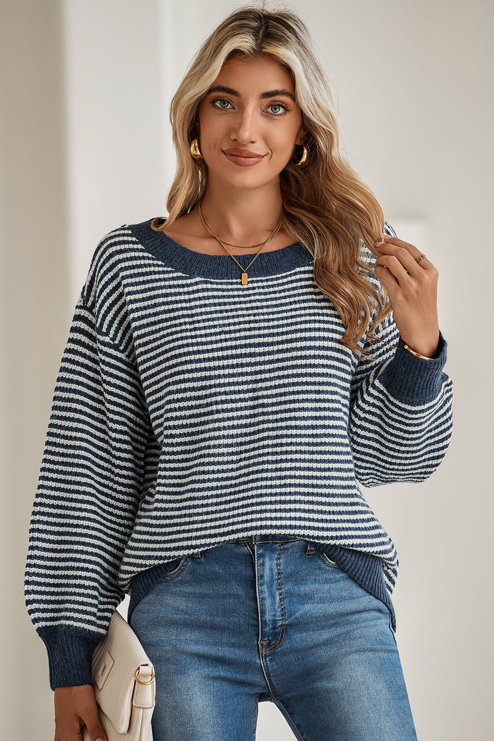 Sail Blue Striped Drop Shoulder Lantern Sleeve Sweater