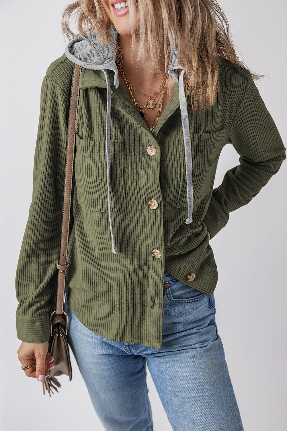 Pale Khaki Pockets Drawstring Hooded Corduroy Shacket