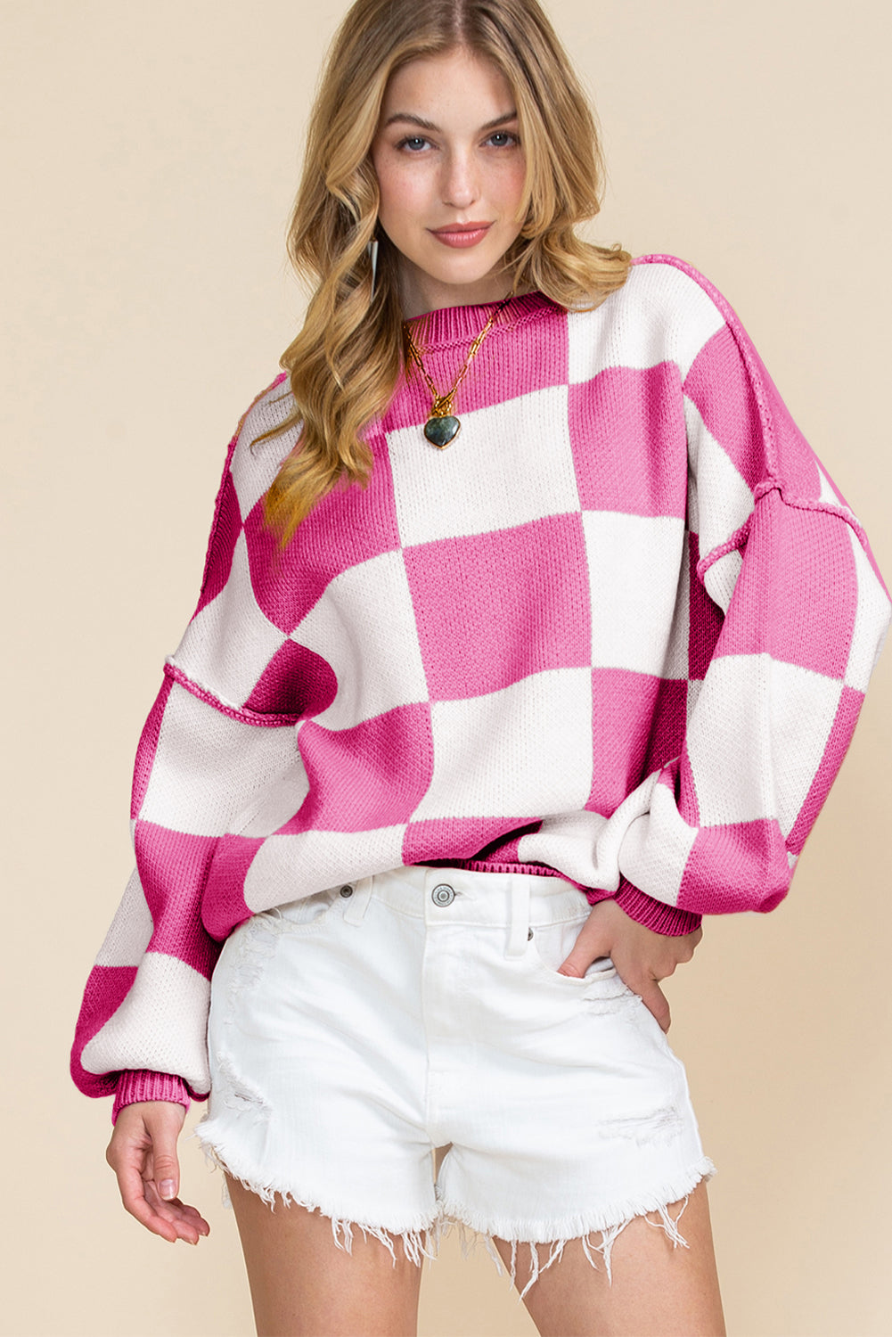 Checkered Bishop Sleeve Pullover Sweater