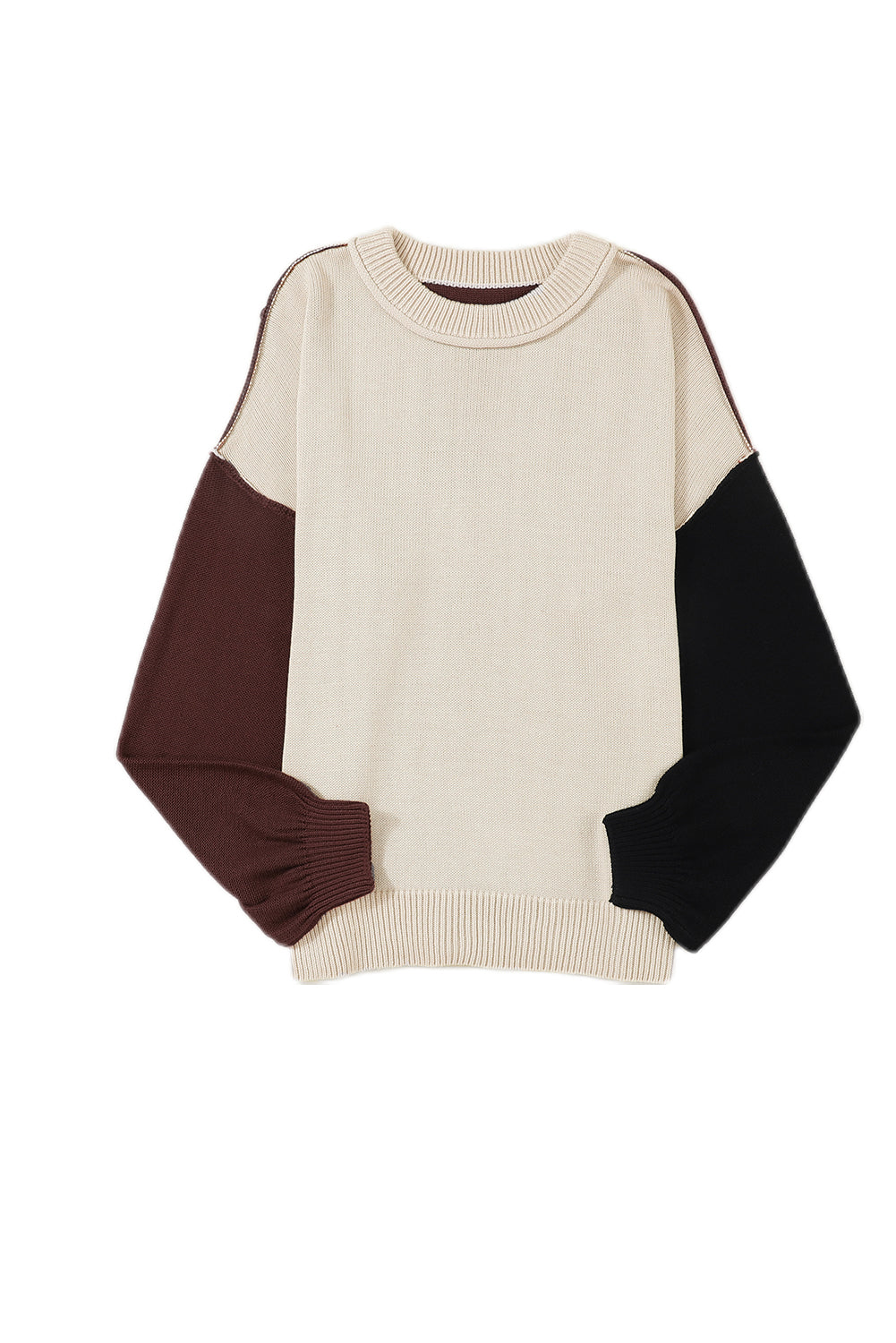 Gray Colorblock Bishop Sleeve Exposed Seam Ribbed Sweater