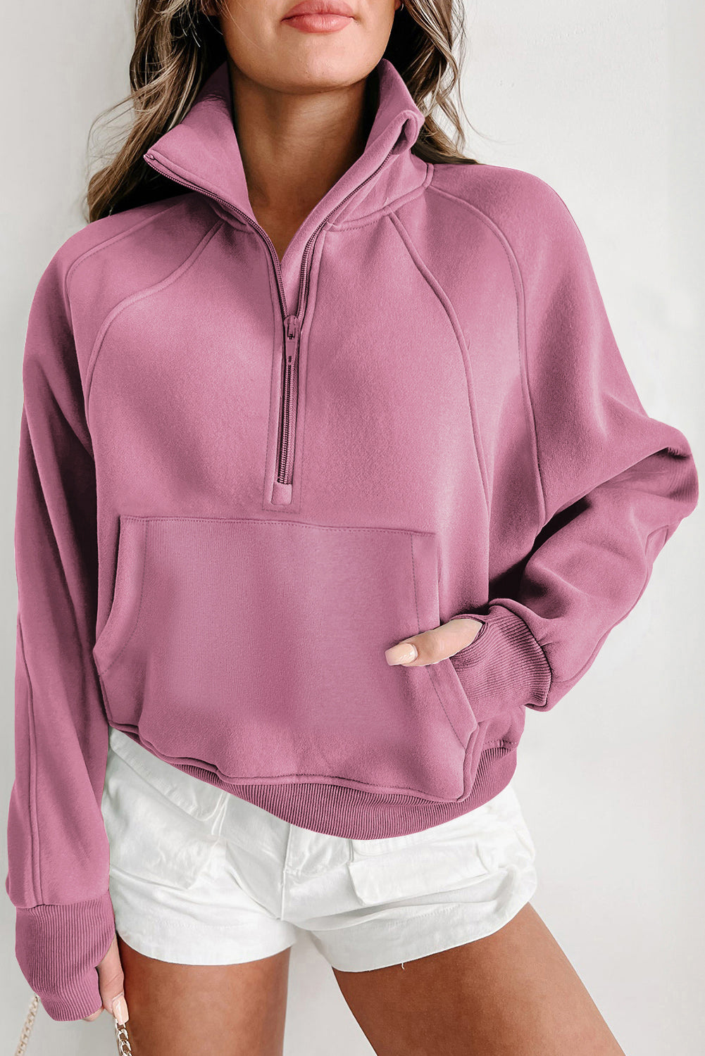 Zip Up Stand Collar Thumbhole Sleeve Sweatshirt