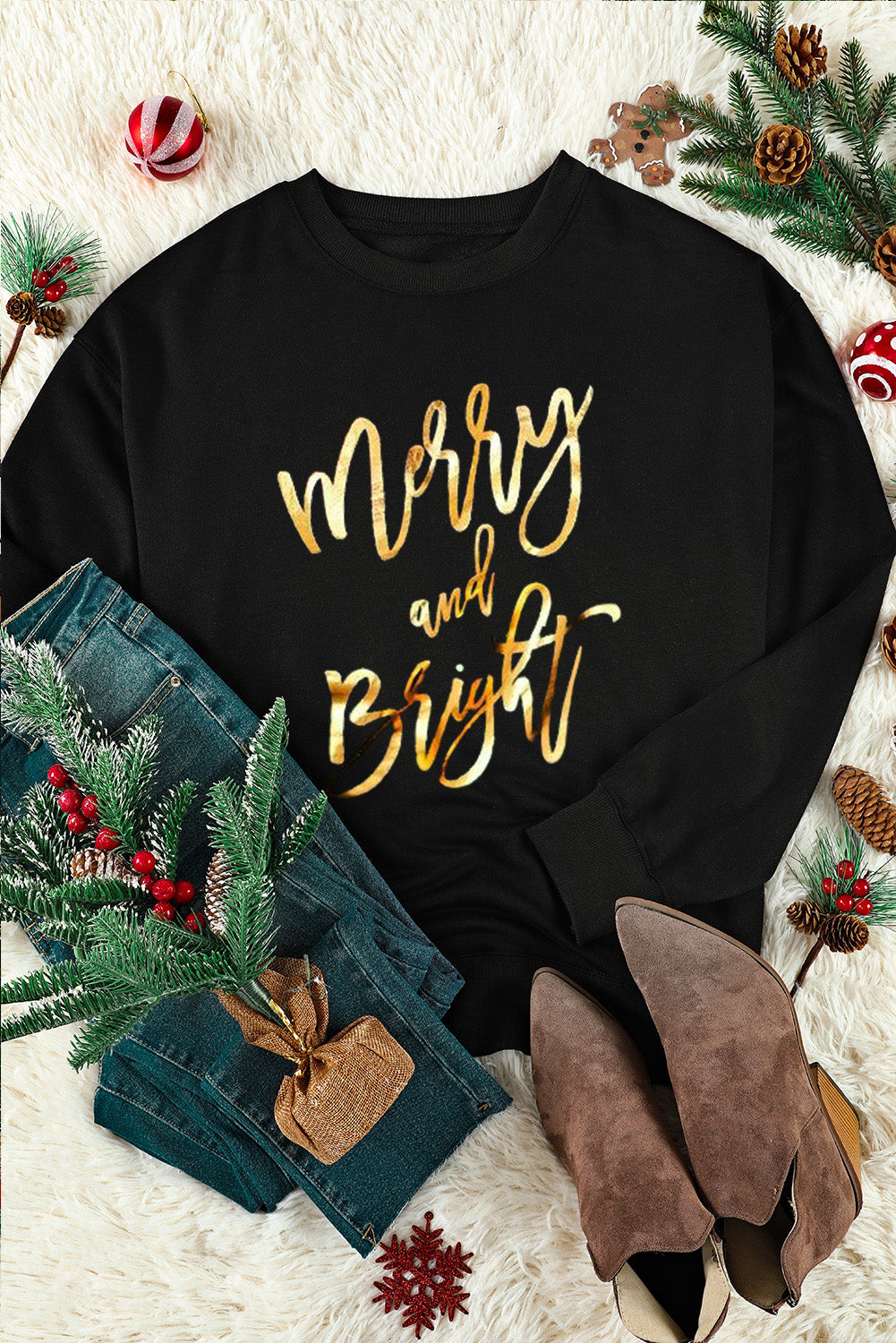 Black Christmas Merry & Bright Letter Graphic Pullover Sweatshirt