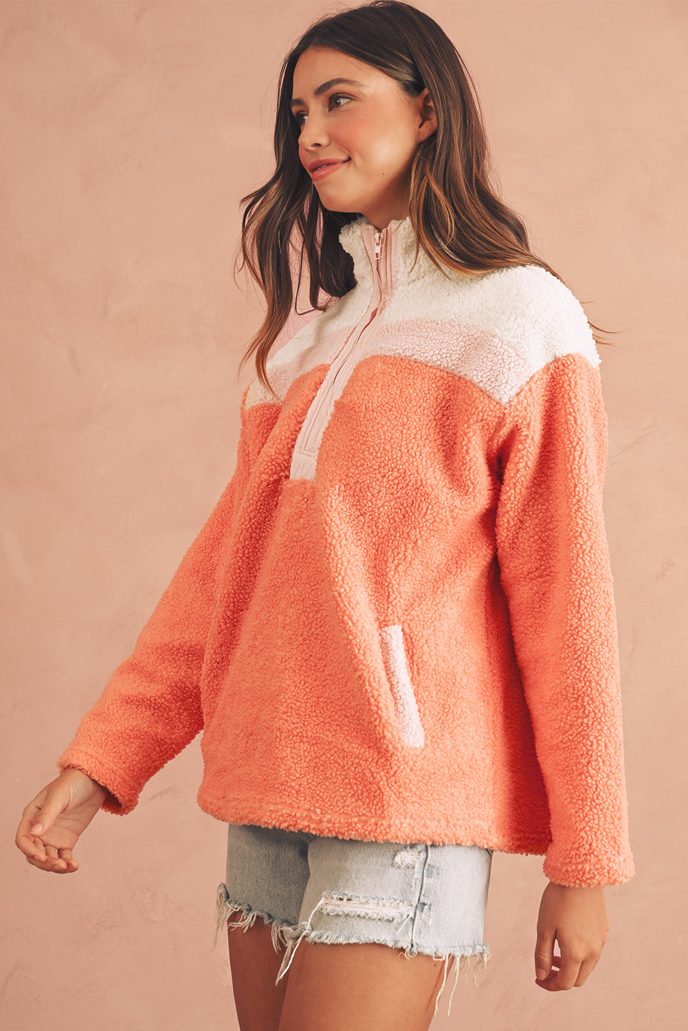 Orange Colorblock Zipper Stand Neck Sherpa Sweatshirt