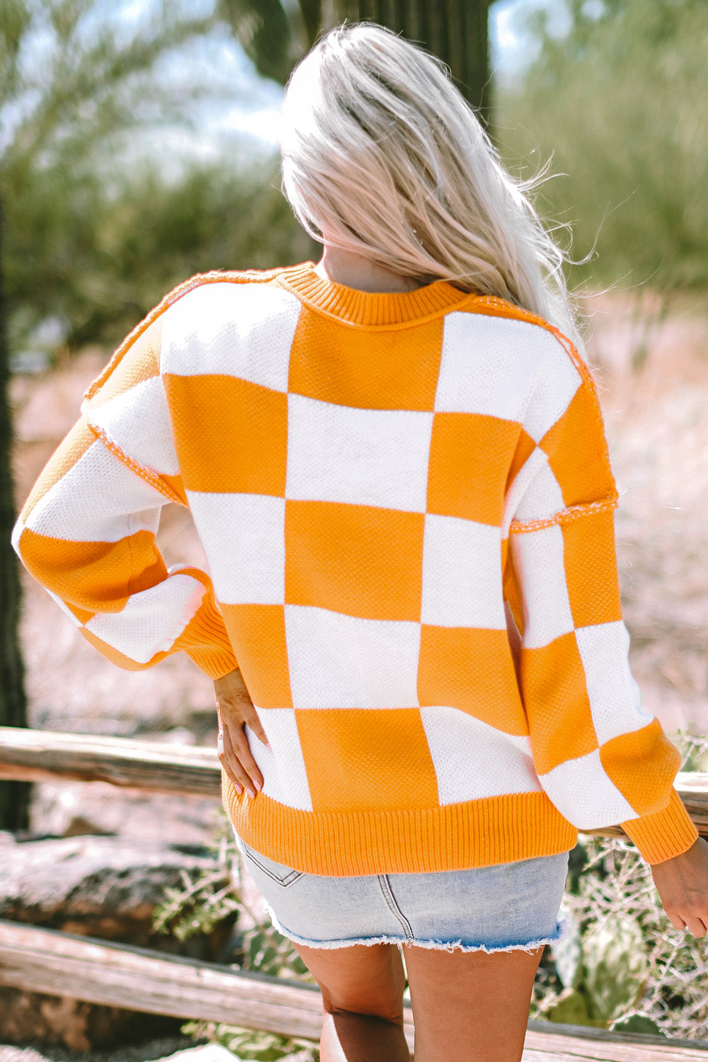 Checkered Bishop Sleeve Pullover Sweater