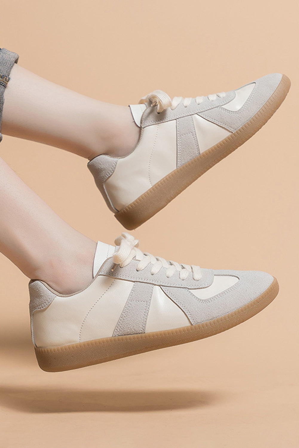 Beige PU Leather Suede Patchwork Flat Sneakers