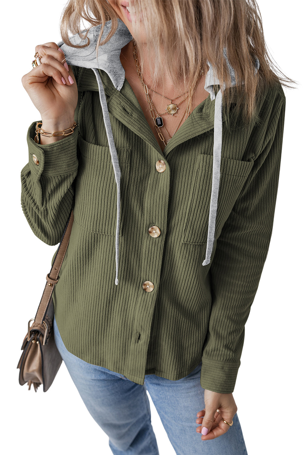 Pale Khaki Pockets Drawstring Hooded Corduroy Shacket