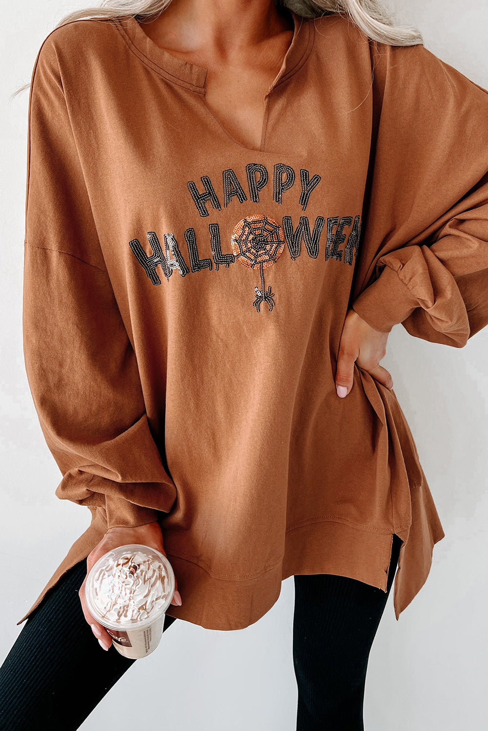 Medium Grey Sequin Happy Halloween Graphic Notched Neck Loose Top