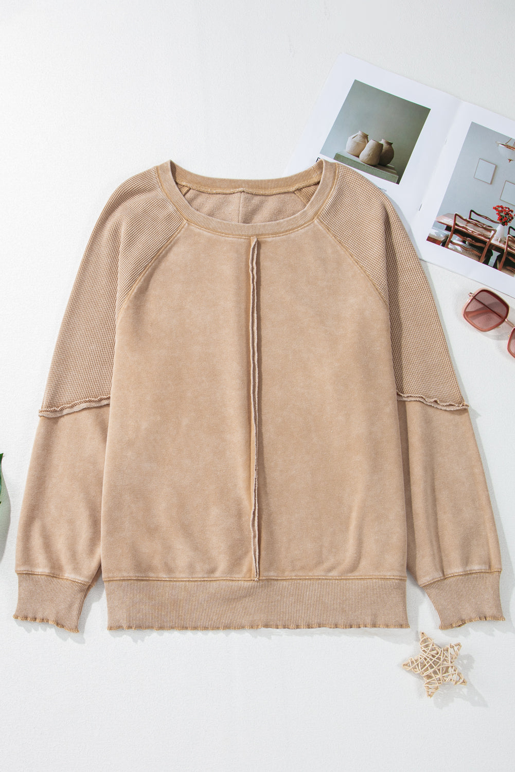 Light French Beige Patchwork Raglan Sleeve Exposed Seam Sweatshirt