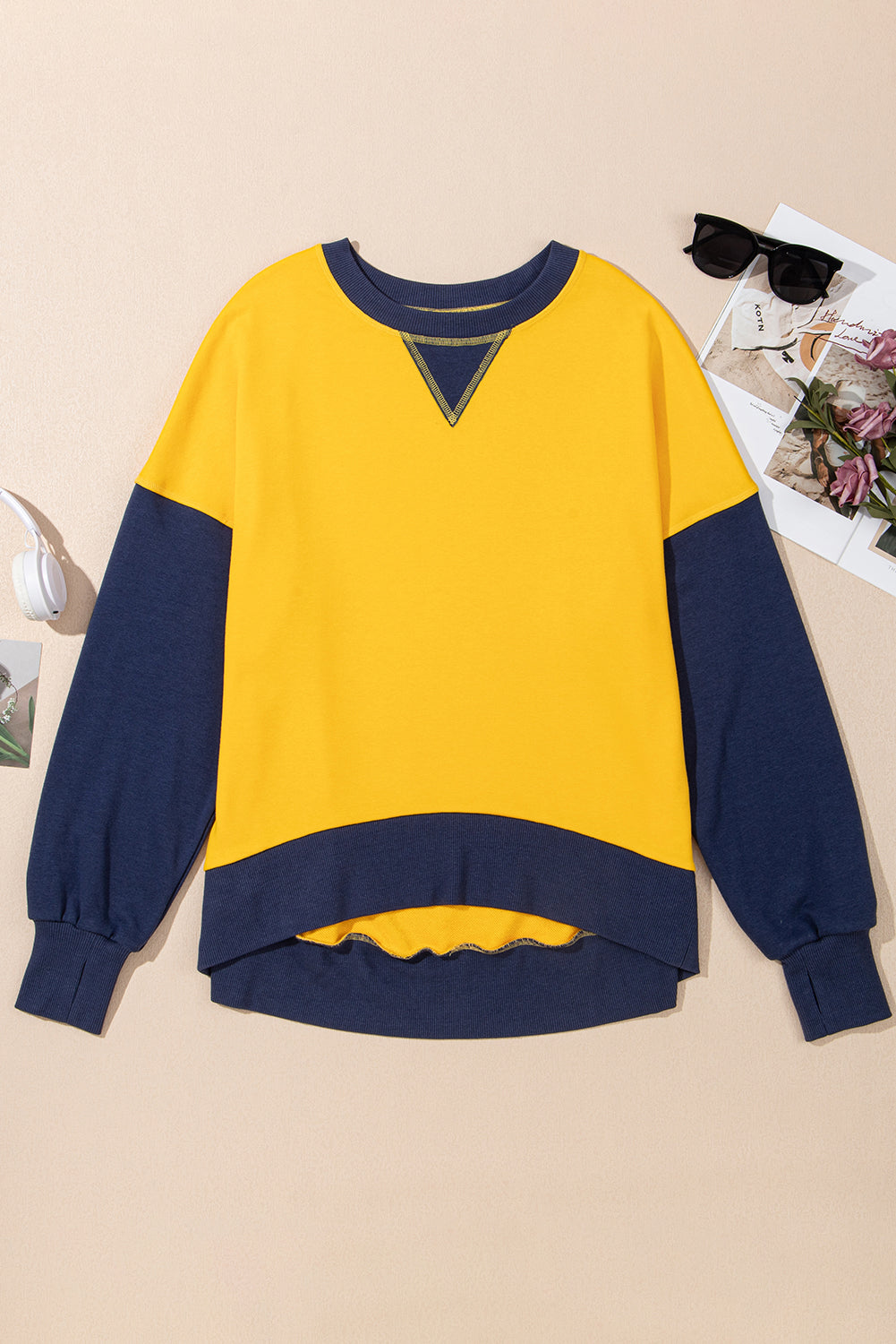 Light Grey Color Block Thumbhole Sleeve Drop Shoulder Sweatshirt