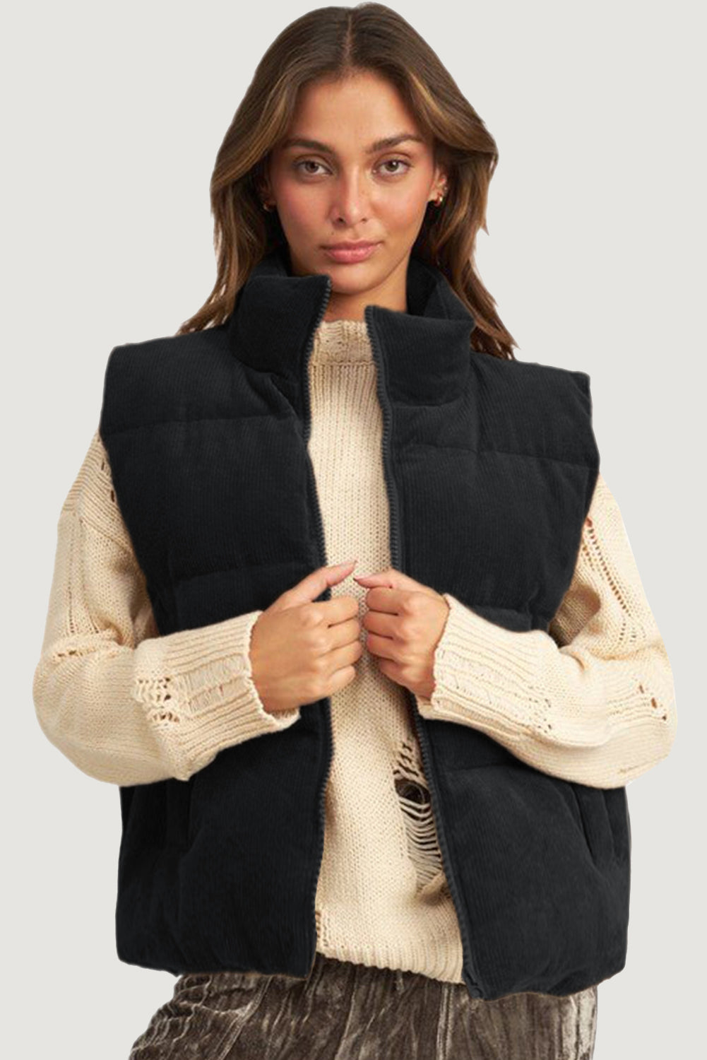 Coffee Solid Color Corduroy Puffer Vest Coat