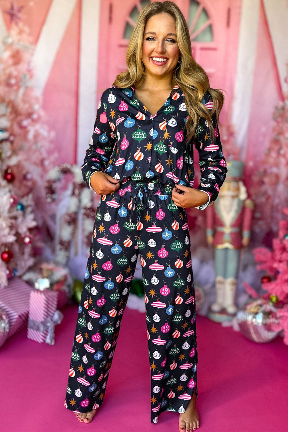 Colorful Christmas Lights Print Shirt and Pants Pajama Set