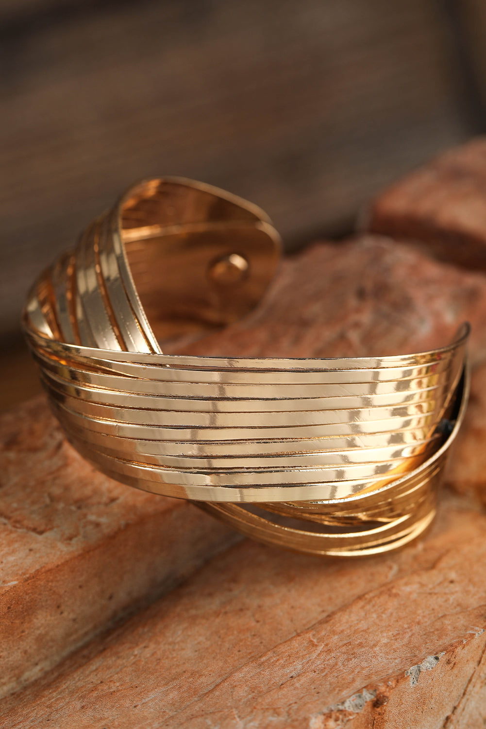 Gold Textured Crossover Metal Cuff Wide Bracelet