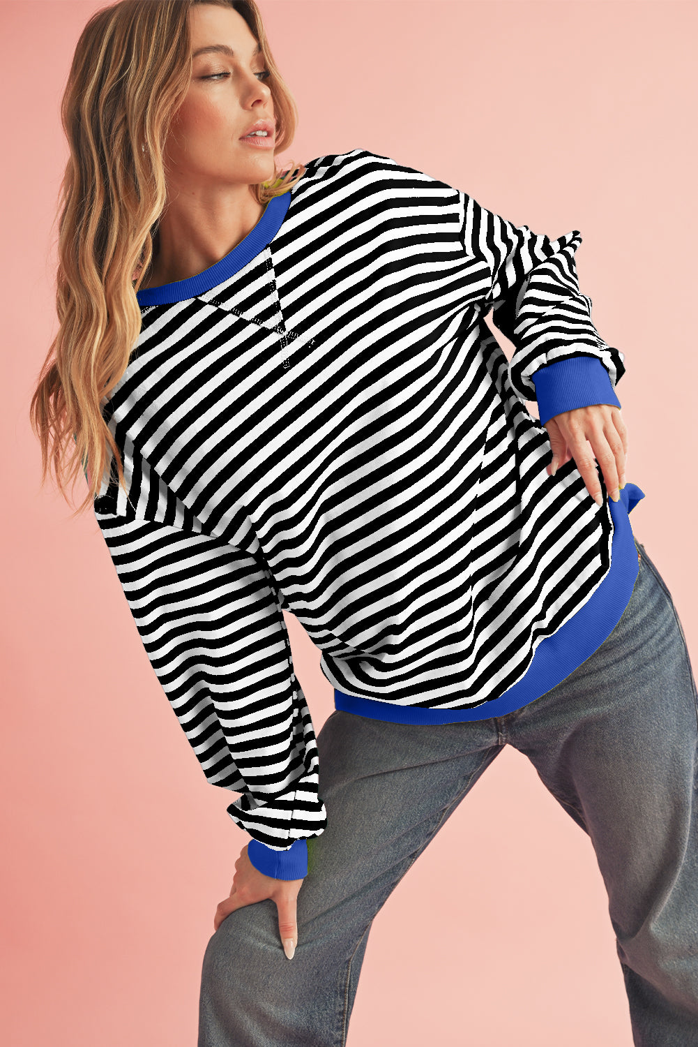 Red Stripe Contrast Edge Oversized Pullover