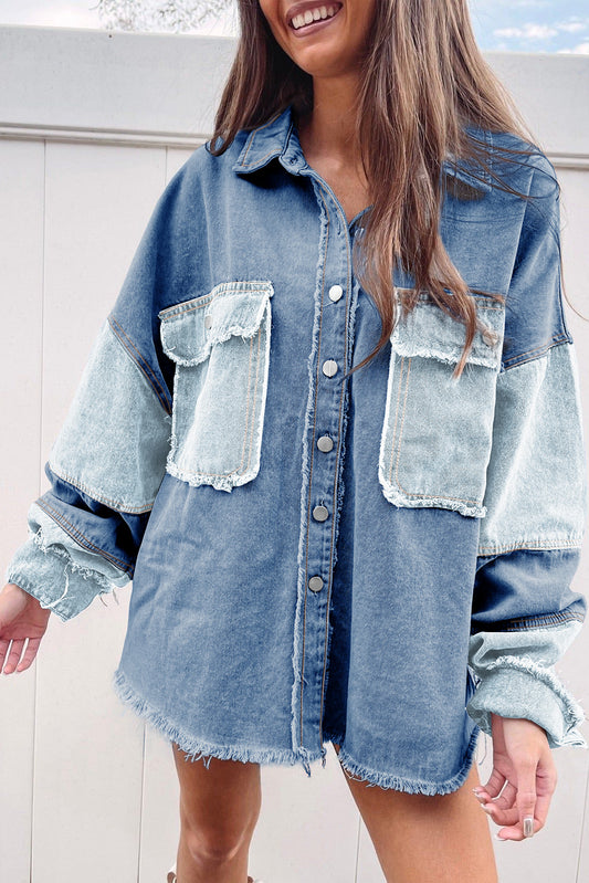 Patchwork Raw Hem Oversized Denim Shacket