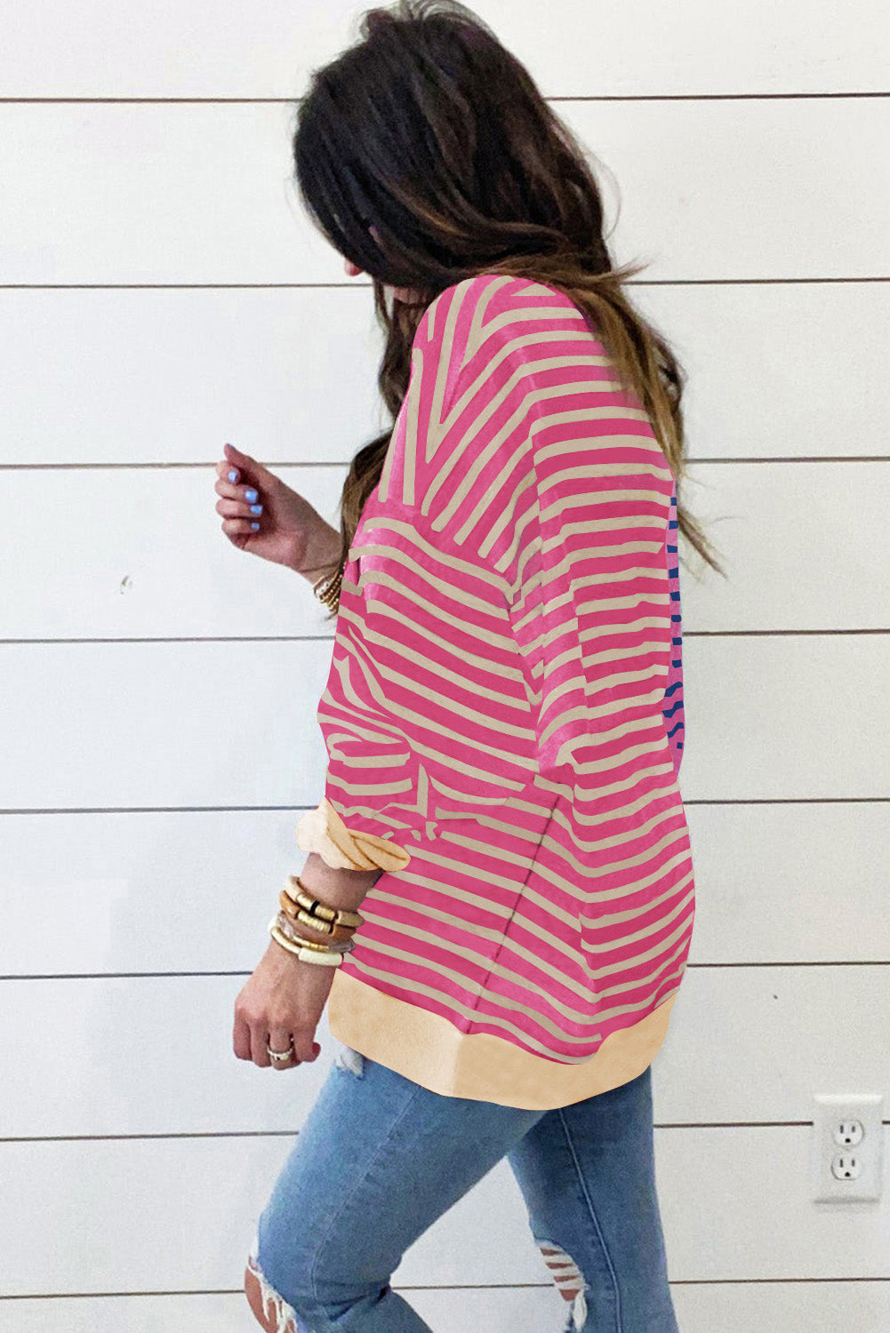 Stripe Colorblock Drop Shoulder Oversized Sweatshirt