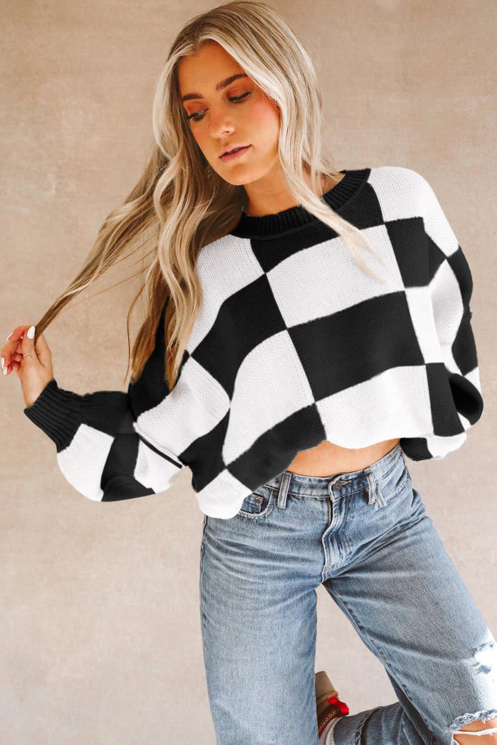 Checkered Bishop Sleeve Sweater