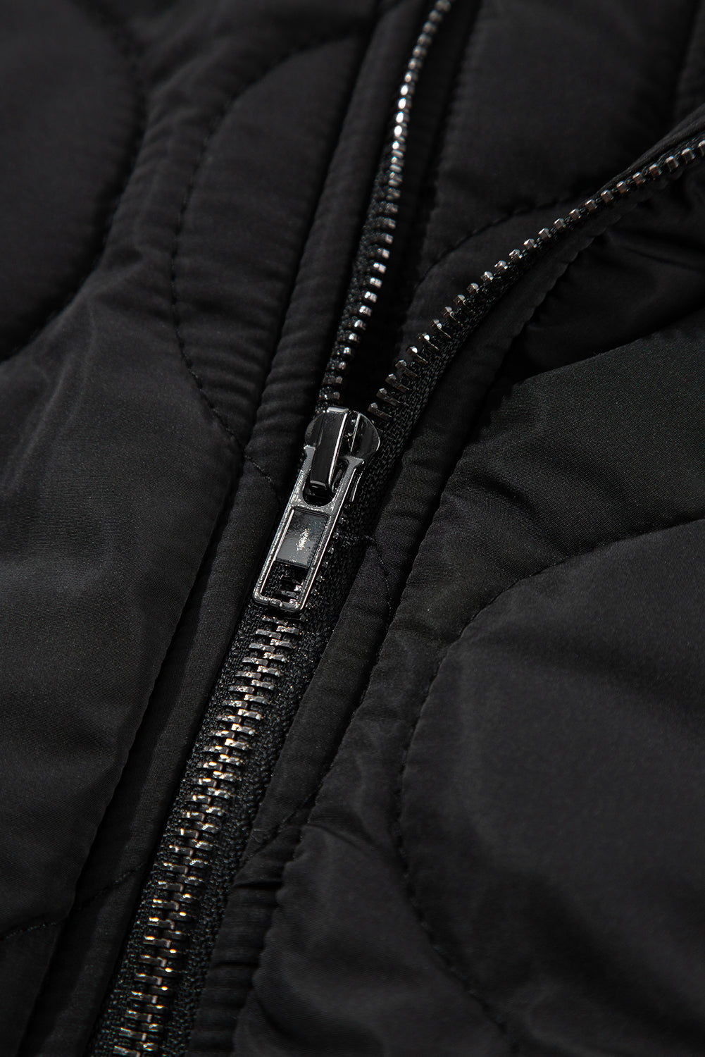 Black Quilted Drawstring Hooded Zip Up Puffer Vest