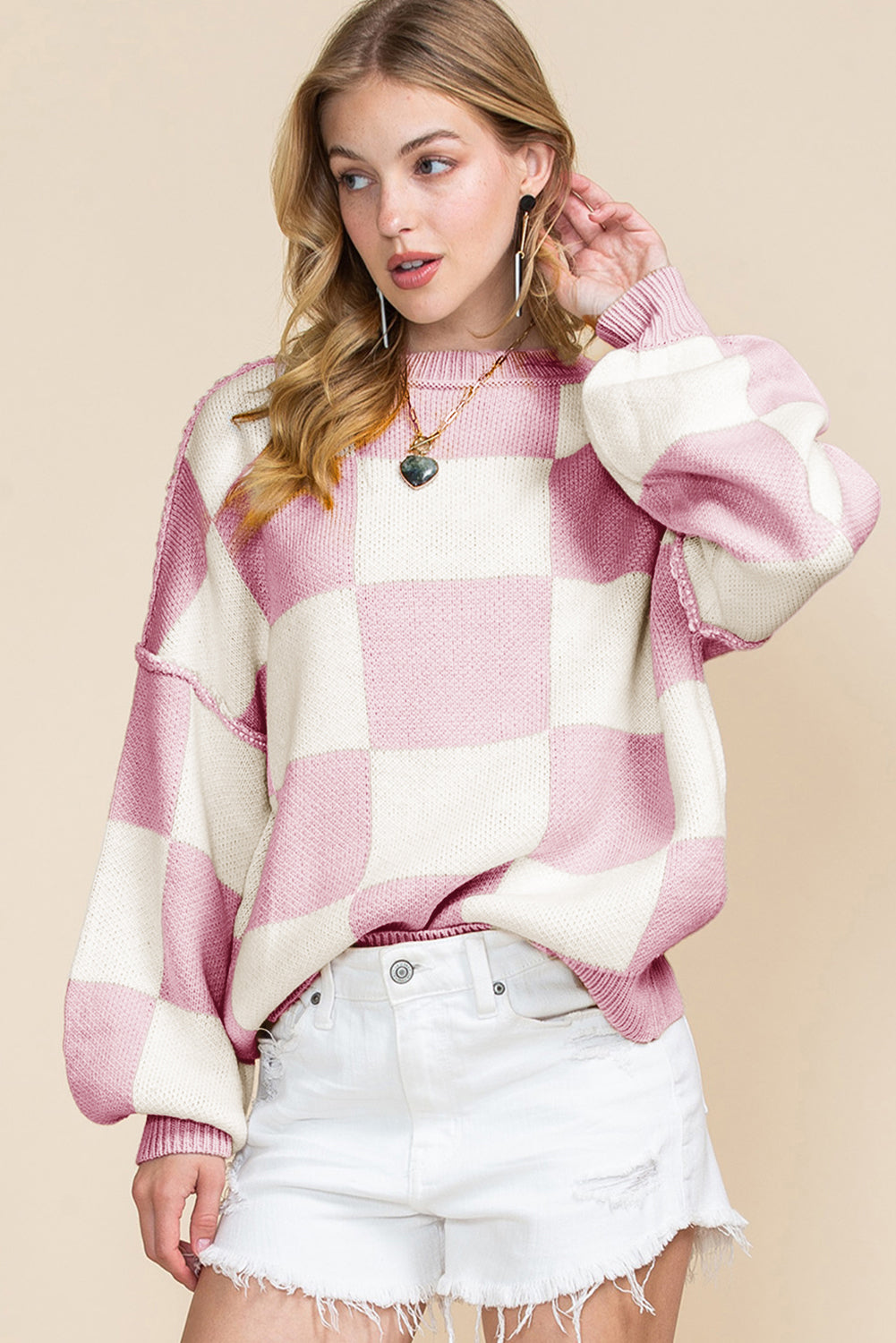 Checkered Bishop Sleeve Pullover Sweater