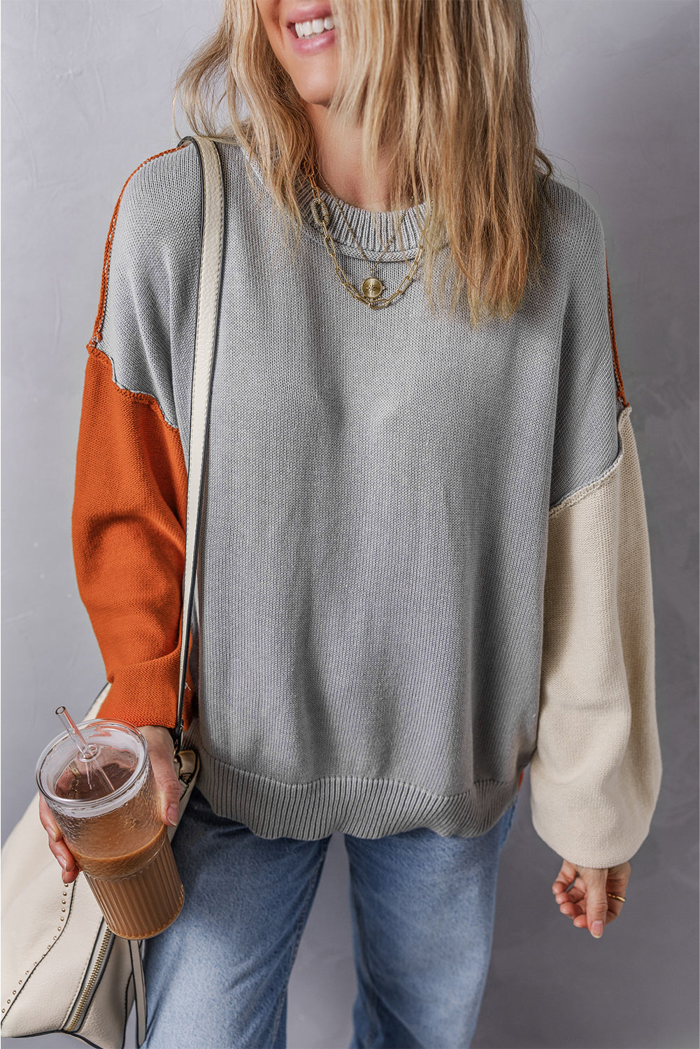 Gray Colorblock Bishop Sleeve Exposed Seam Ribbed Sweater