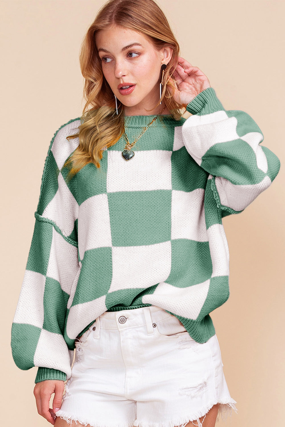 Checkered Bishop Sleeve Pullover Sweater