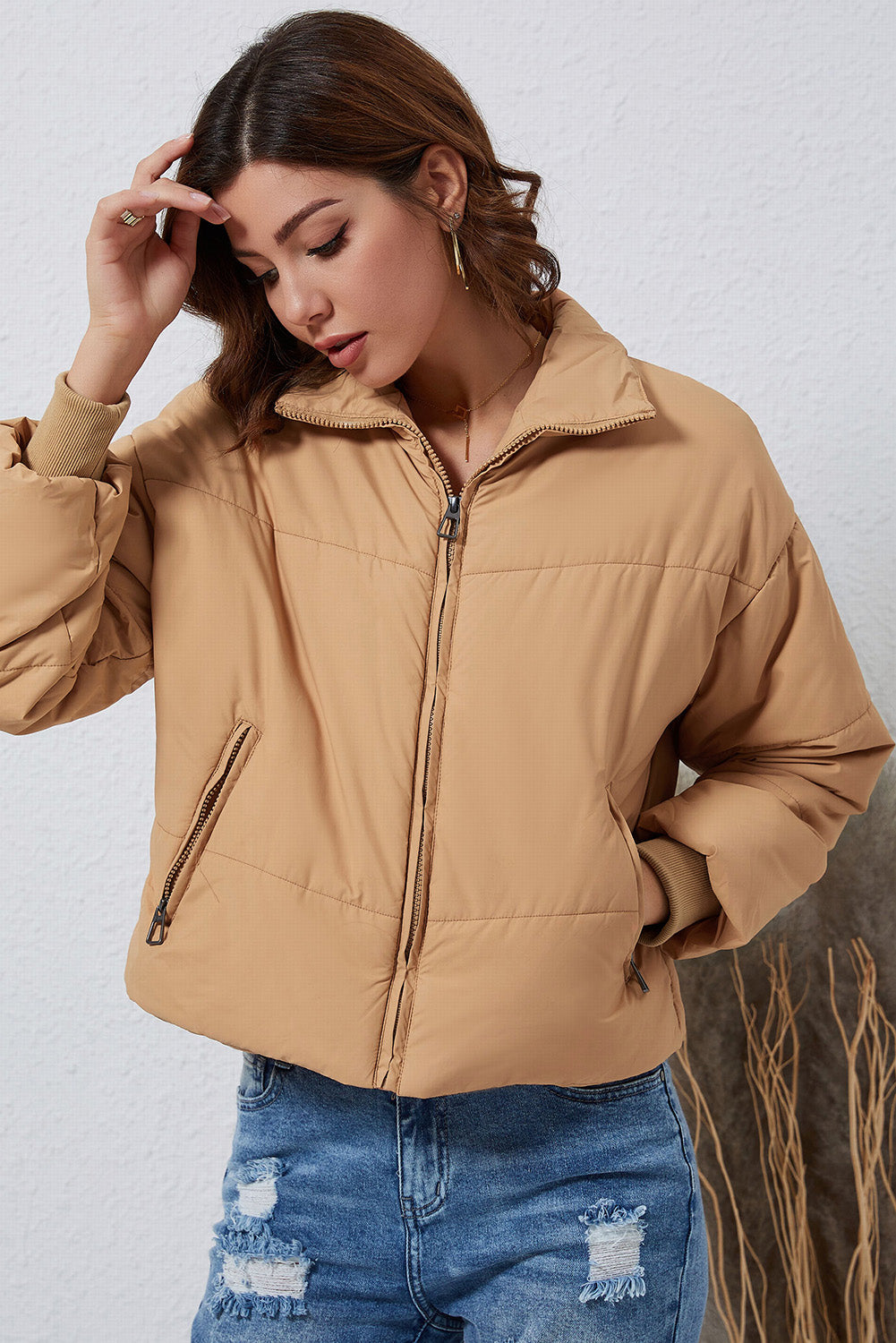 Brown Solid Zip Up Pocketed Puffer Coat