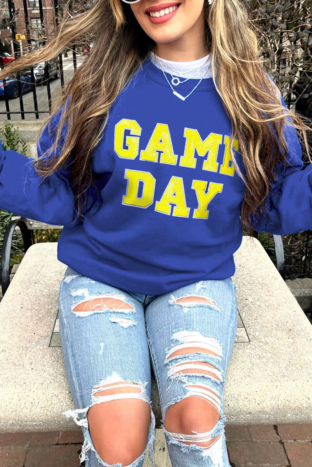 Dark Blue Sequin Game Day Graphic Sweatshirt