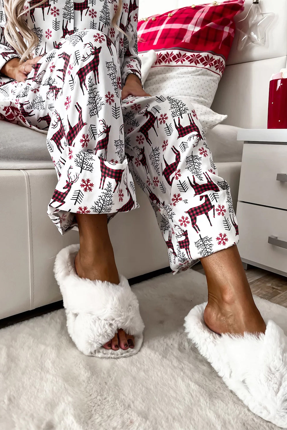 Light Grey Christmas Tree Gifts Print Shirt and Pants Pajama Set