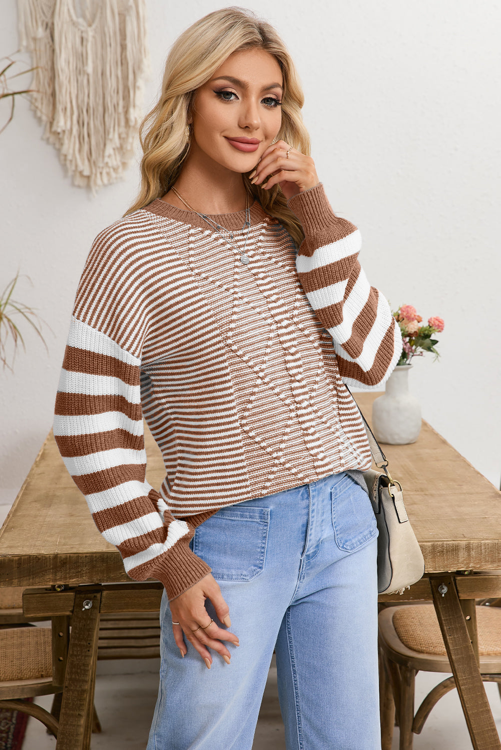 Gray Stripe Twisted Knitted Drop Shoulder Sweater