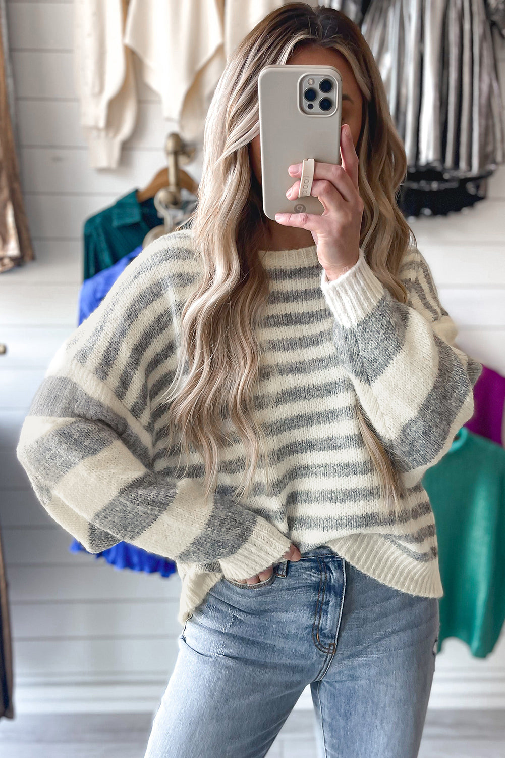 Stripe Drop Shoulder Crew Neck Sweater